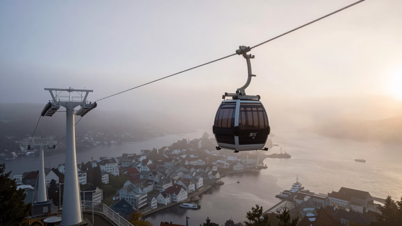 Morning fog and aerial tramway gondola above Bergen Norway waterfront at sunrise in in Bergen, Norway