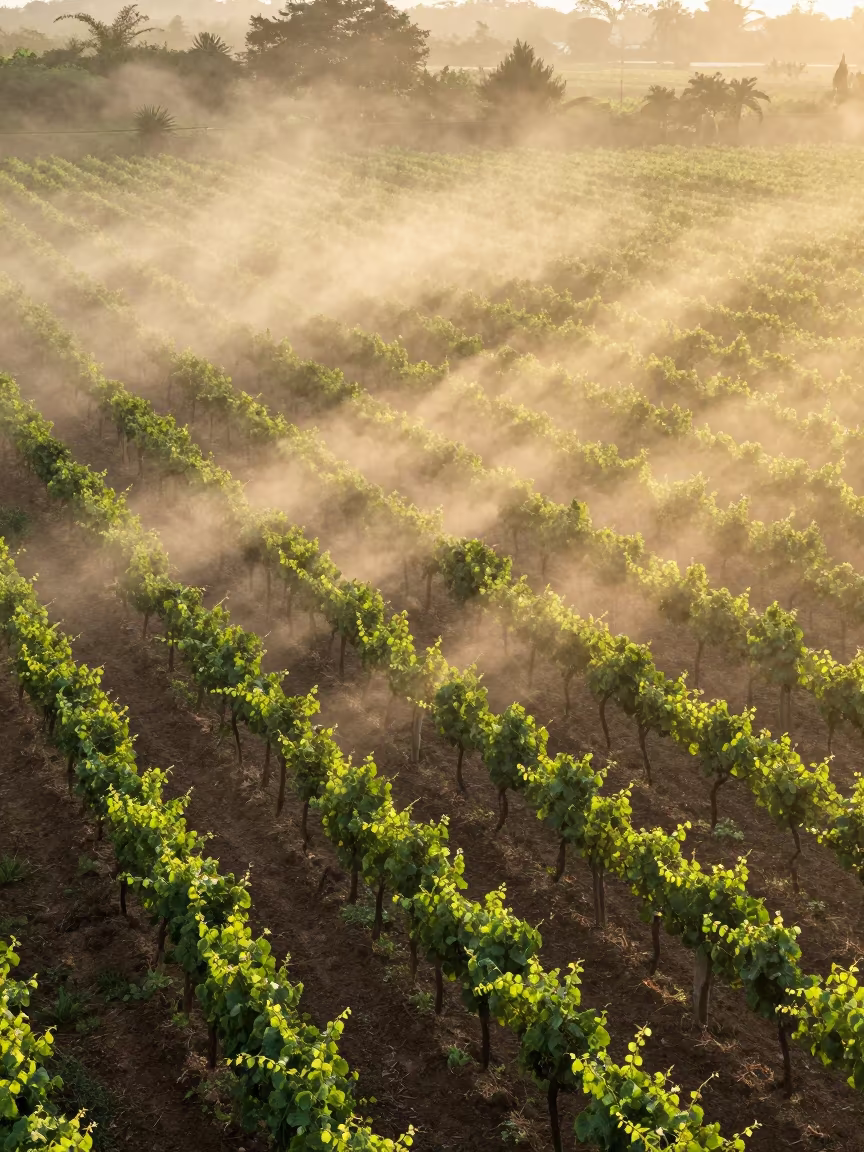Morning Fog Burns Over Cartagena Vineyard Rows in along freshly irrigated rows near Bazurto Market, Cartagena