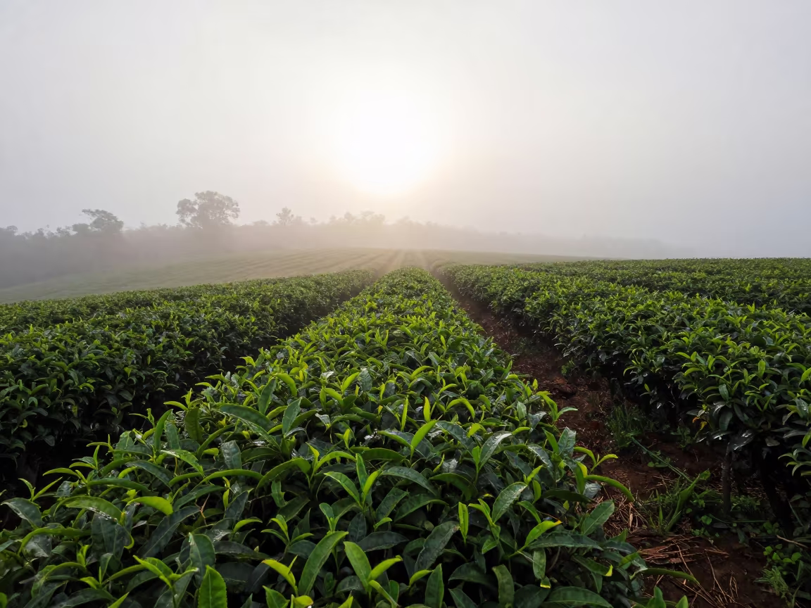 Morning Fog Burns Off Queensland Tea Rows in at the edge of a tea plantation in Queensland