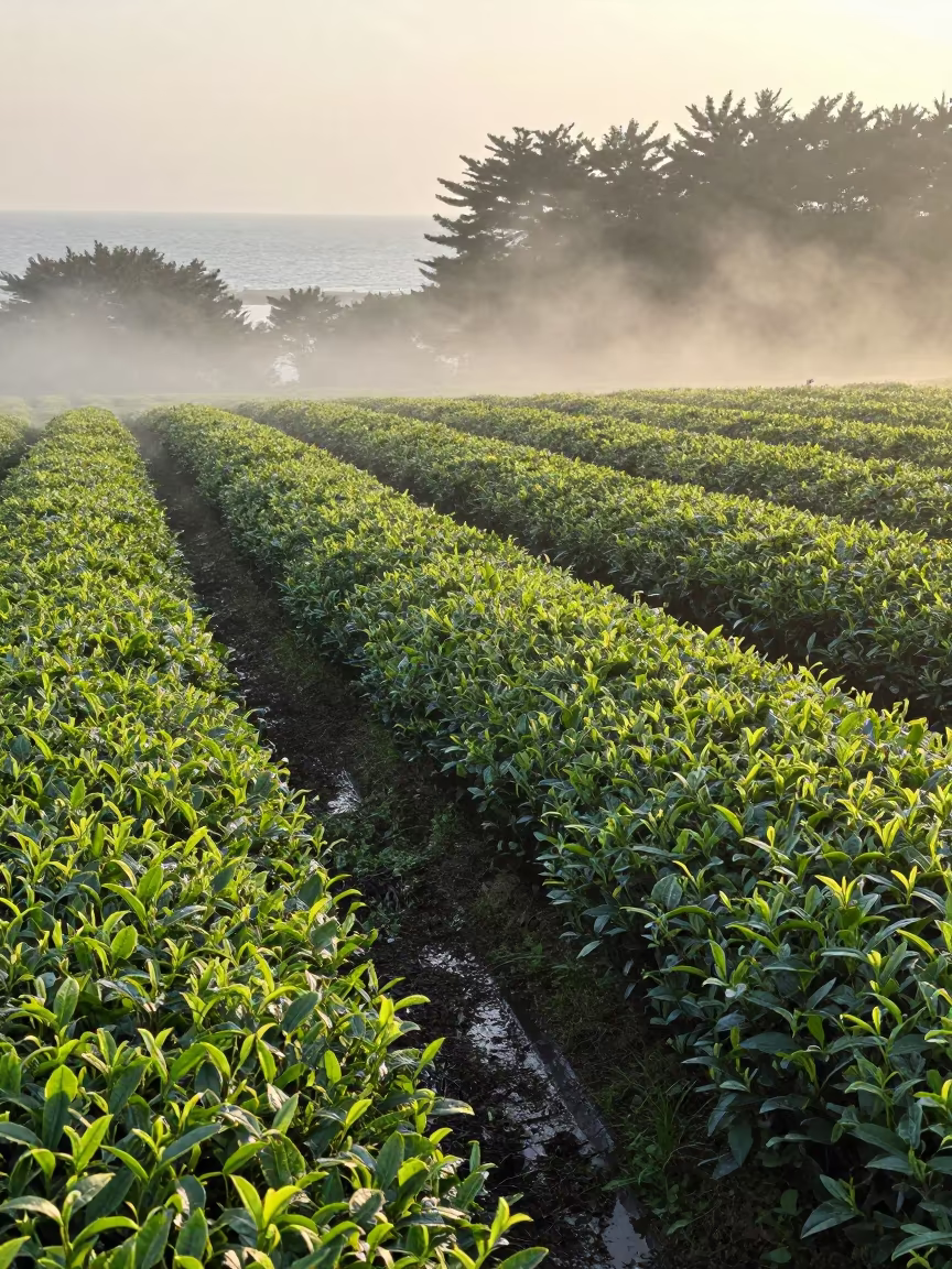 Morning Fog Burns Over Tea Rows in Haeundae in at the edge of a tea plantation in Haeundae, Busan