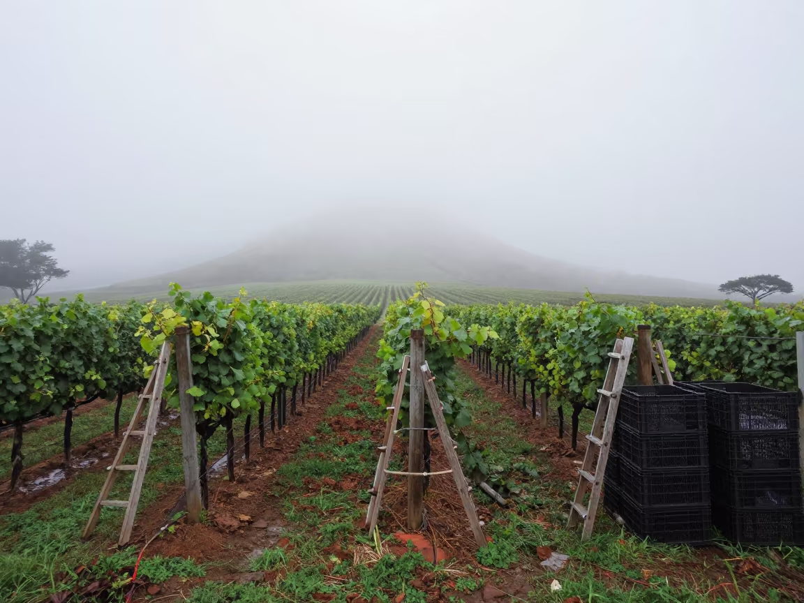 Morning Fog Burns Off Vineyard Rows in Honolulu in among orchard ladders and crates near Honolulu