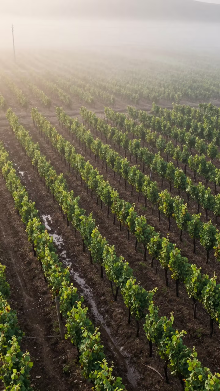 Morning Fog Burns Over Greek Vineyard Rows in along freshly irrigated rows in Greece