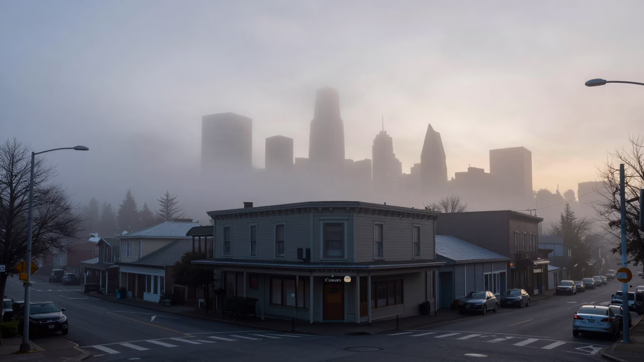 Morning Fog in Portland at The Early Morning Light in in Portland, Oregon, United States