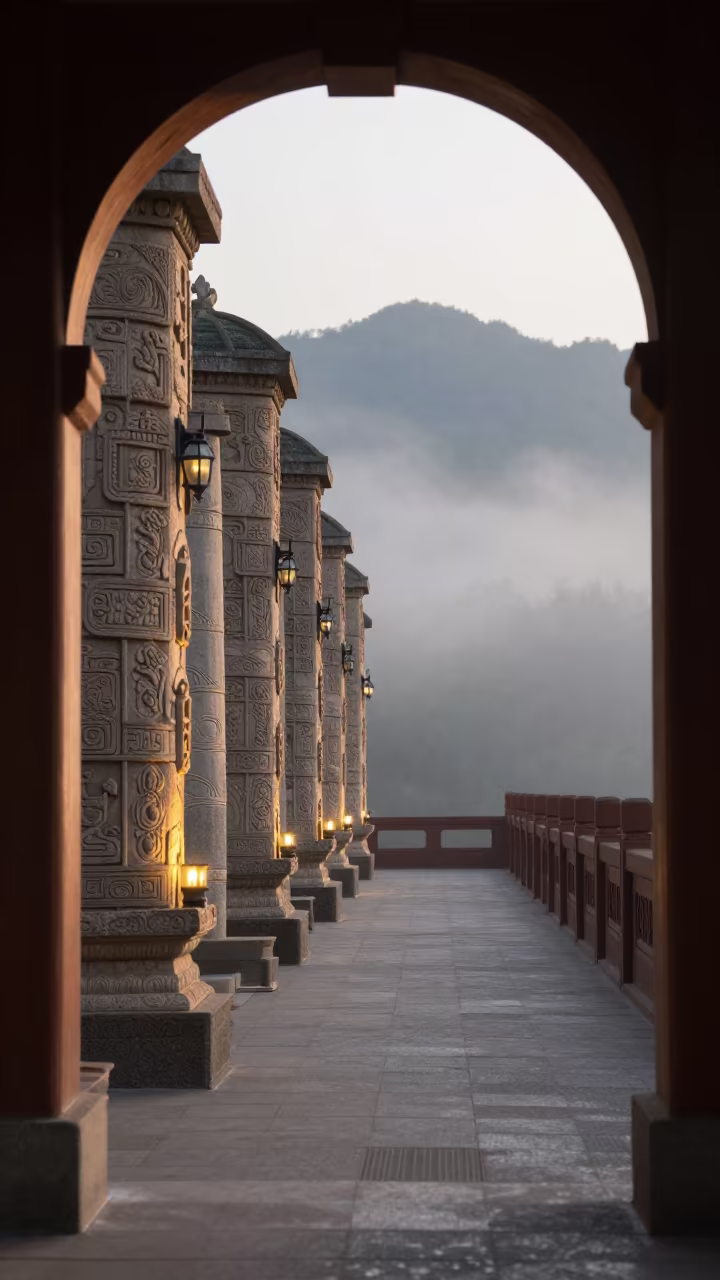 Morning Fog Monastery Corridor Haikou in along a monastery corridor in Haikou