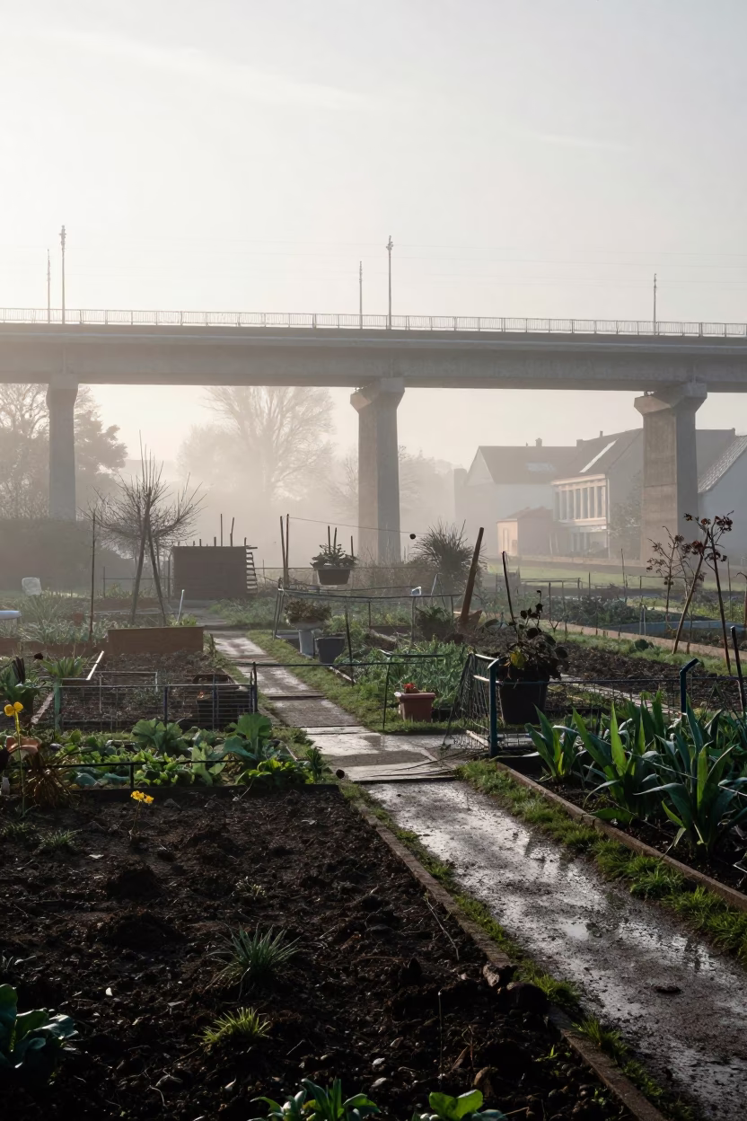 Morning Fog on Brussels Viaduct Shadow Over Rain-Soaked Allotment Gardens Before Sunrise in in Brussels, Belgium