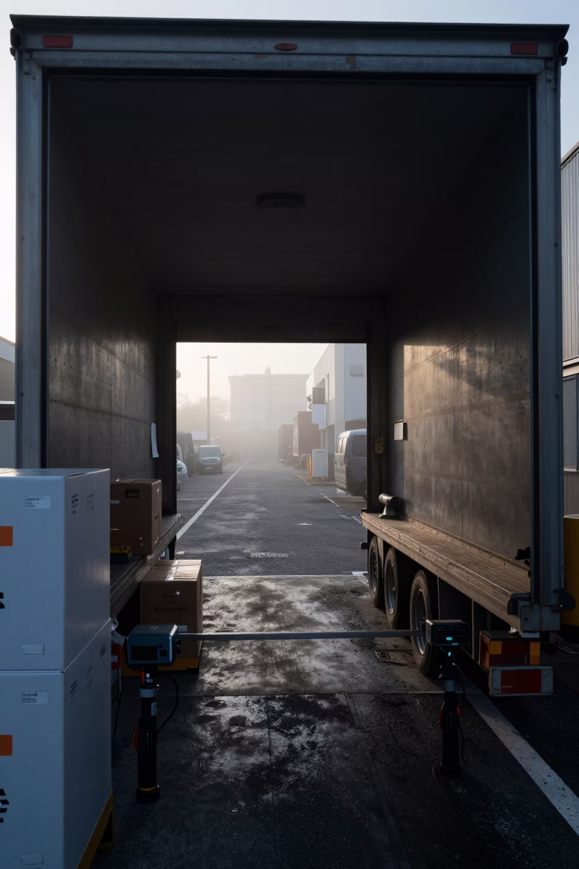 Morning Fog at Osaka Loading Dock in in a trailer yard outside the warehouse in Osaka