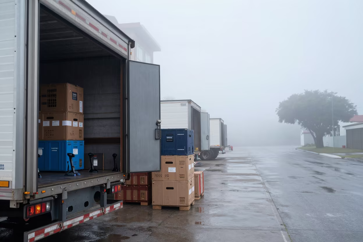 Morning Fog Over Open Loading Dock Door in beside a cross-dock lane under dock lights near Salvador