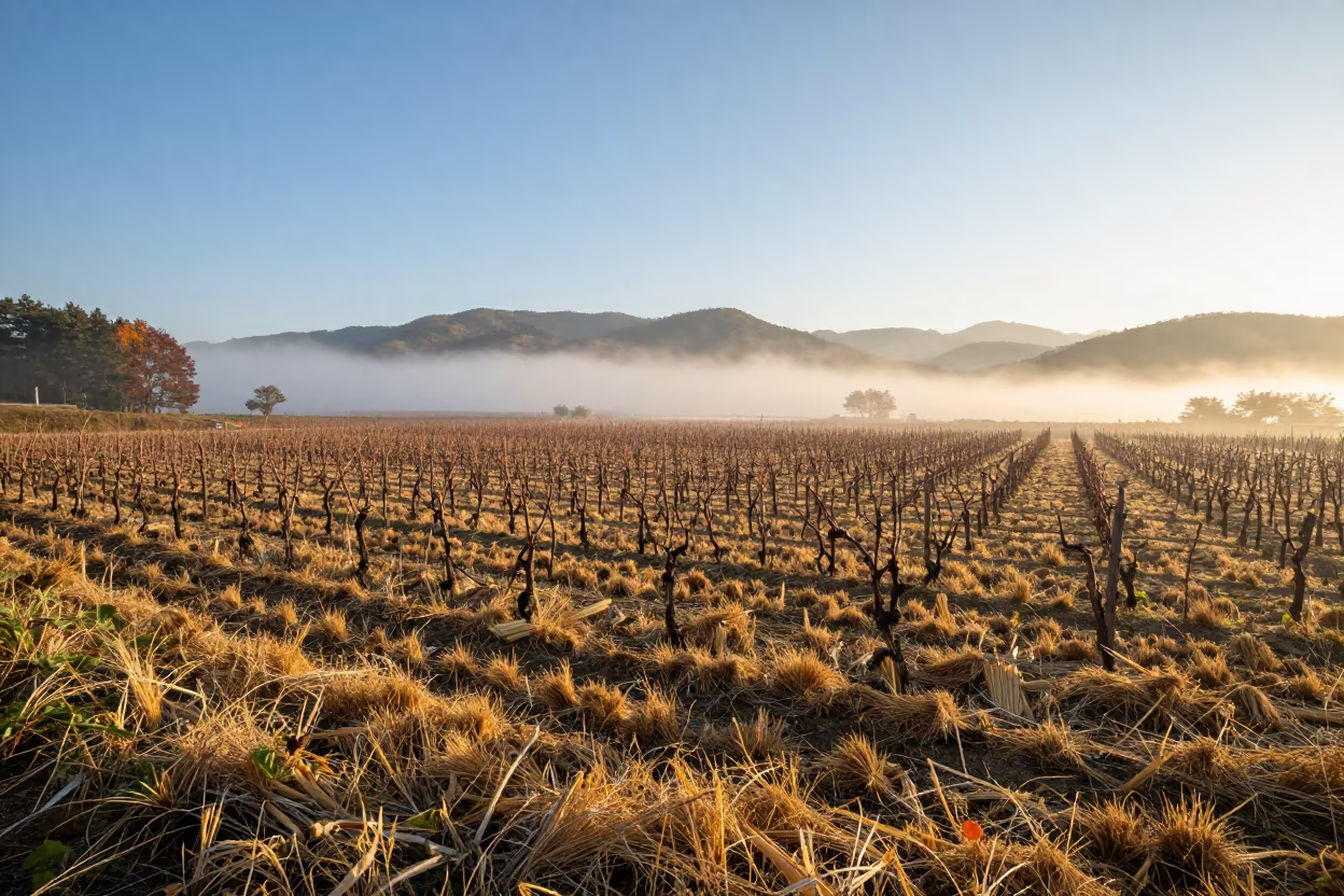 Morning Fog Rising Over Japanese Vineyard in across a harvested grain field in Japan