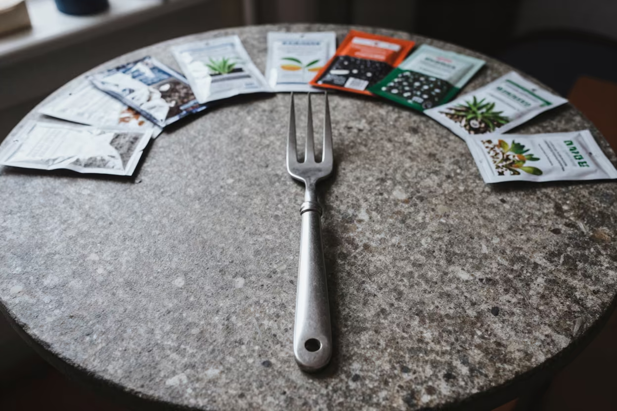 Morning Fork on Potting Table in Winter Workshop in on a workshop shelf in Bielsko-Biała
