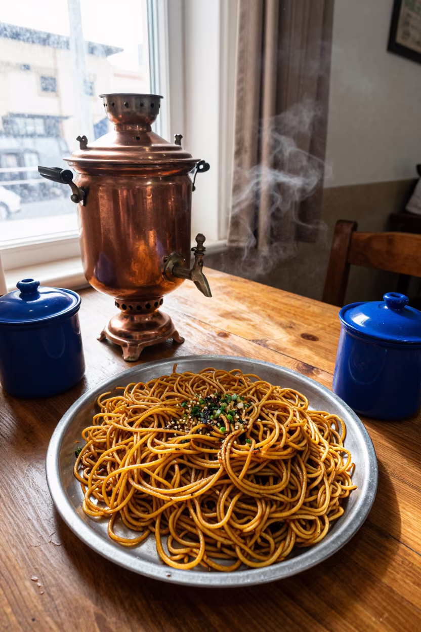Morning fried noodles and copper samovar at Faro diner in at a roadside diner table in Faro