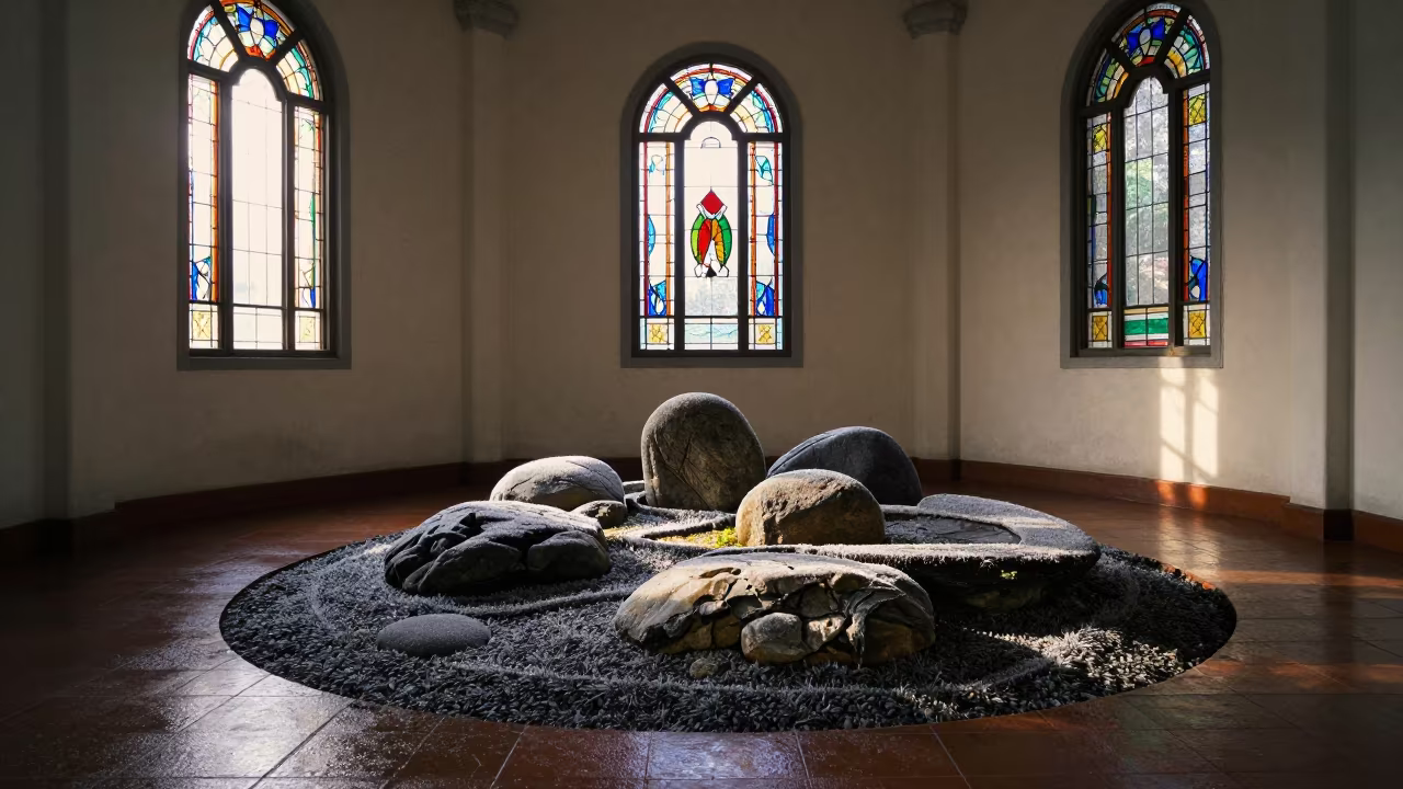 Morning Frost Zen Garden Chapel Ipoh Stained Glass in in a chapel lit by stained glass in Ipoh