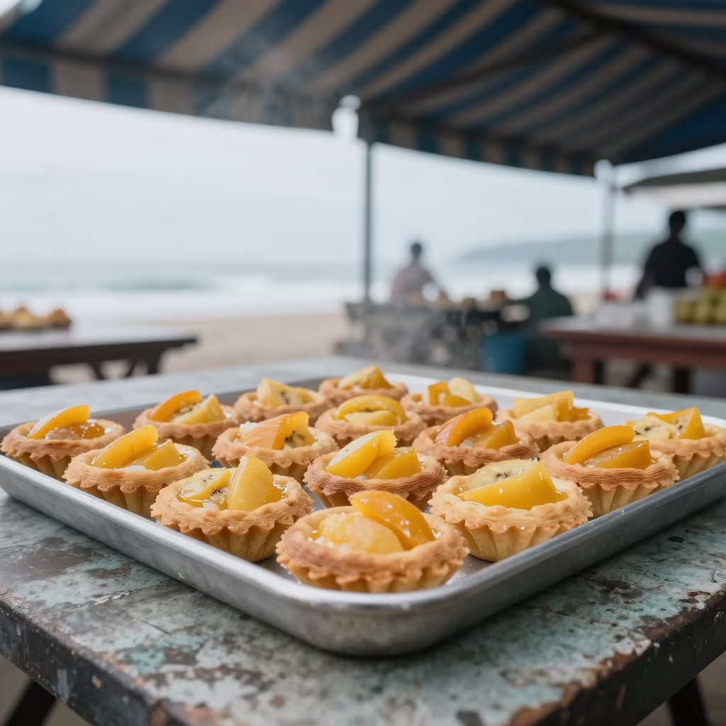 Morning Fruit Tarts Market Stall Sea Breeze in on a weathered outdoor table near Lombok
