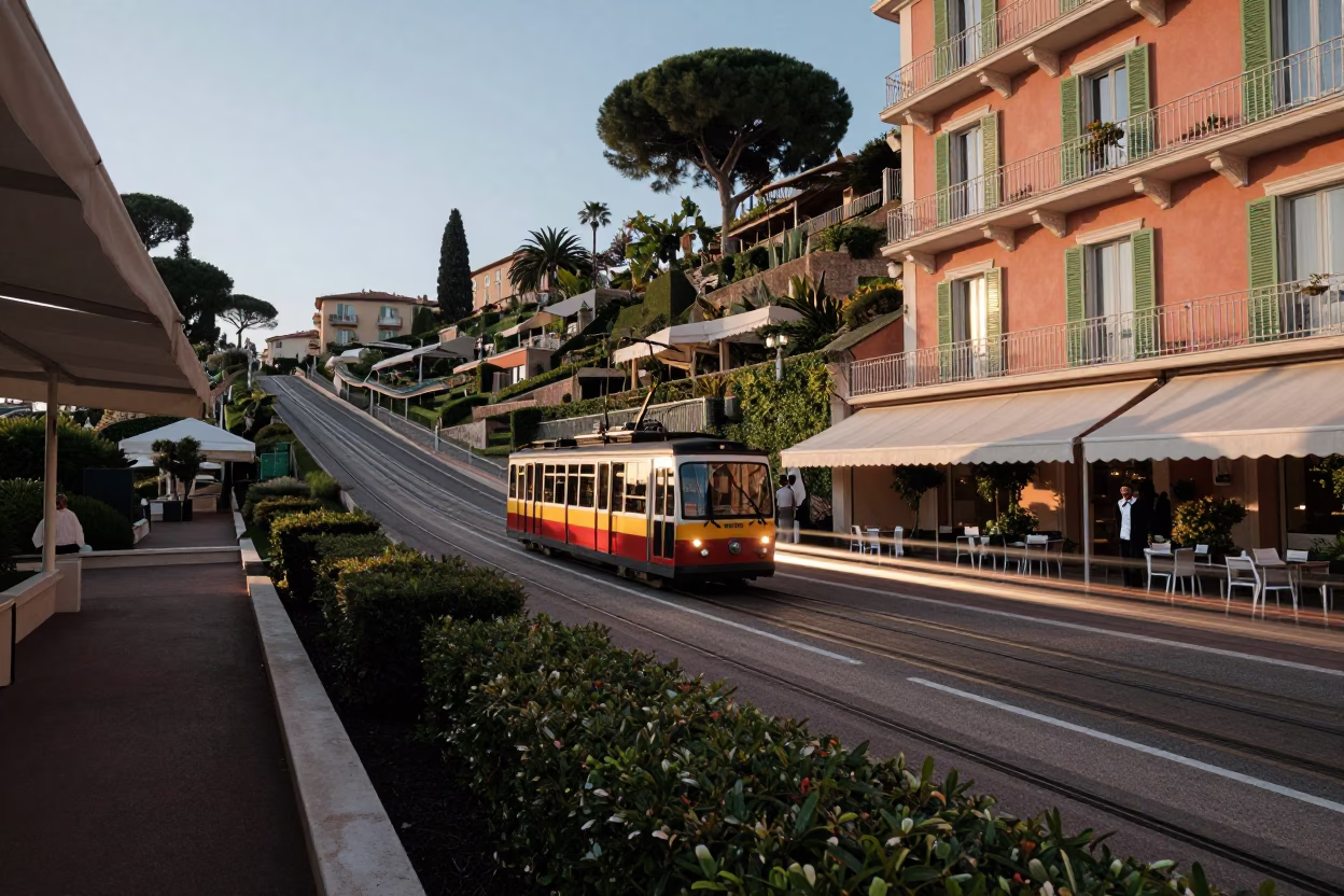 Morning Funicular and Hotel Awning Reflections in Nice France First Light in in Nice, France