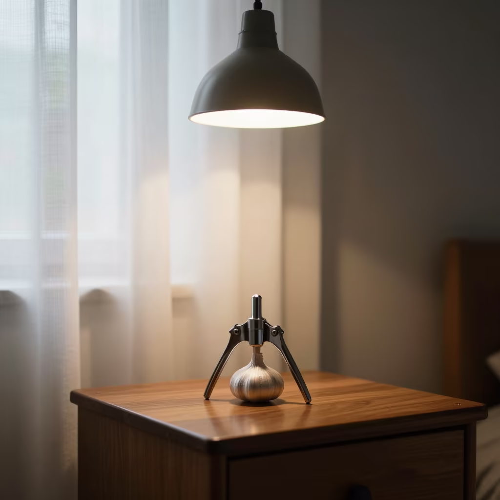 Morning Garlic Press on Gujranwala Bedside Table in on a bedside table in Gujranwala