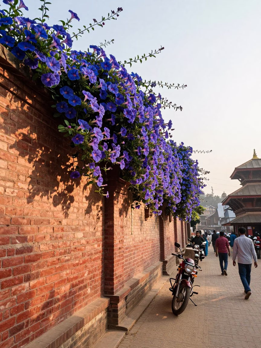 Morning Glory Climbing Brick Fence Near Swayambhunath Stupa Kathmandu Nepal Sunrise in in Kathmandu, Nepal