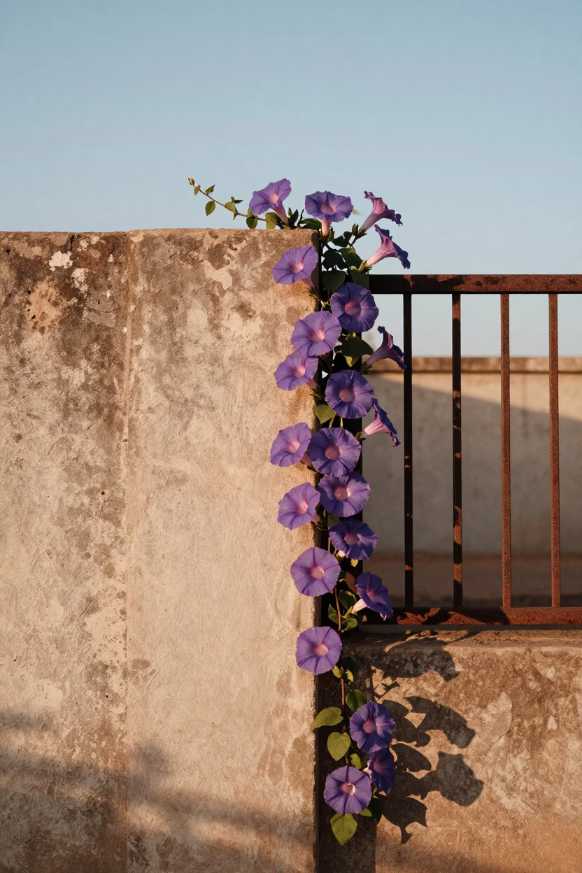 Morning Glory Climbing Fence in Dakar Senegal Just After Sunrise in in Dakar, Senegal