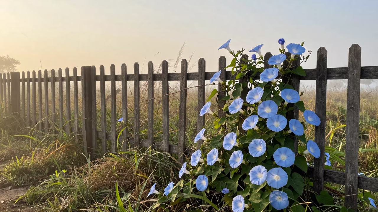 Morning Glory Climbing Fence in Jhansi Meadow in in a bloom-heavy meadow near Jhansi