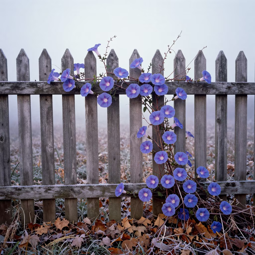 Morning Glory Climbing Fence in Misty Ukraine Dawn in in Ukraine