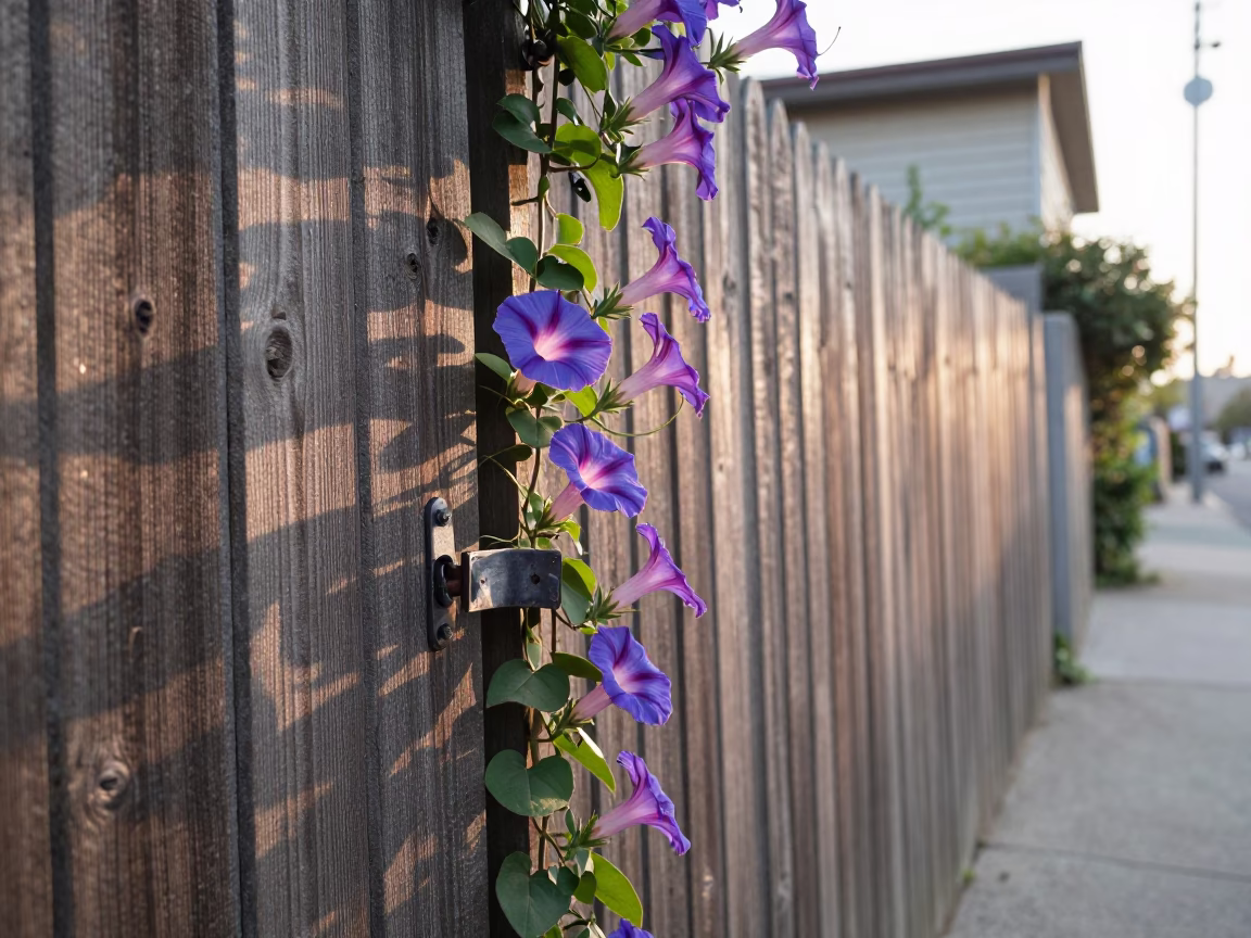 Morning Glory Climbing Fence Near Iron Deadbolt at Sunrise in Los Angeles California in in Los Angeles, California, United States