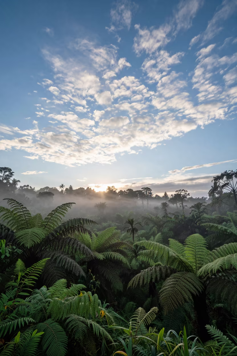 Morning Glory Clouds Over Fern Forest in on a fern-lined forest floor in Bali