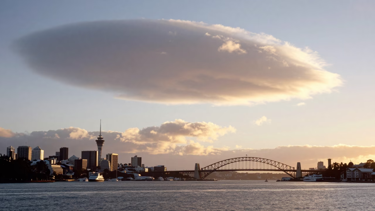 Morning Glory Clouds Over Auckland Harbour Bridge and Ferry Terminal at Sunrise in in Auckland, New Zealand