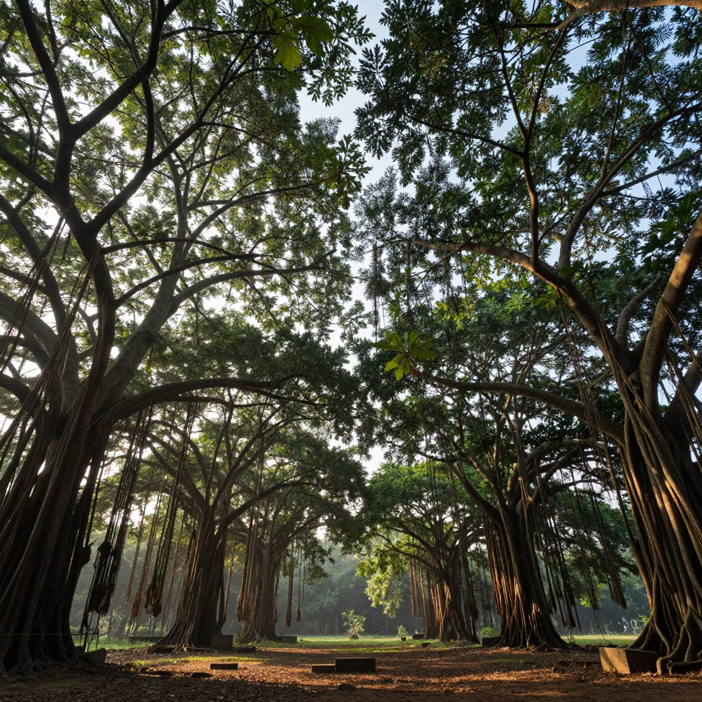 Morning Glory Clouds Over Delhi Banyan Grove with Papaya Tree and Beetle in in Delhi, India