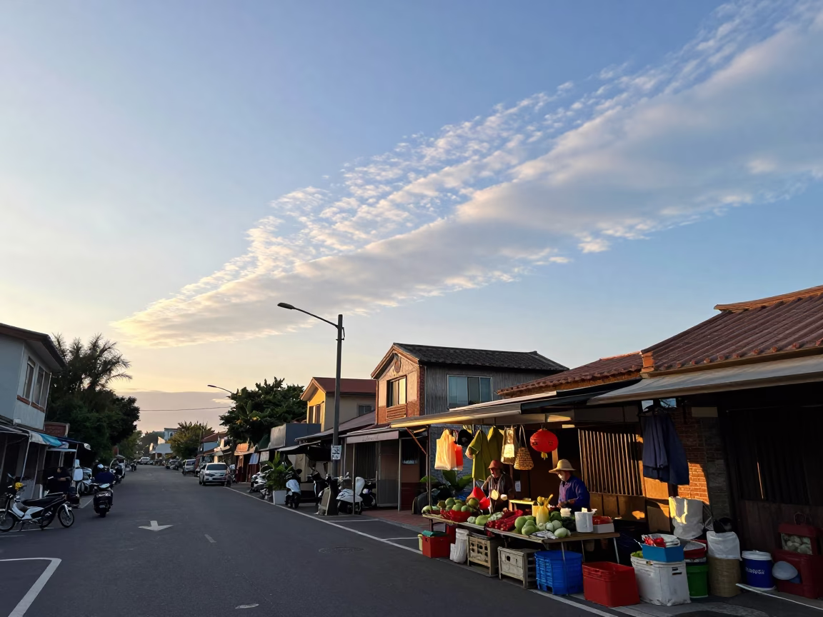 Morning Glory Clouds Over Tainan Street Scene with Morning Glory Flowers in in Tainan, Taiwan