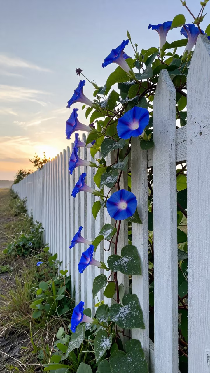 Morning Glory on Salt Spray Fence at Dawn in along a salt-sprayed cliff edge in Michigan