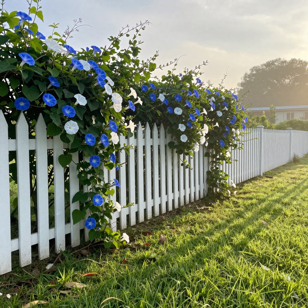 Morning Glory Vine Blooms on Fence at Dawn in in a bloom-heavy meadow in Madagascar
