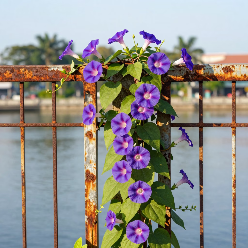 Morning Glory Vine Climbing Weathered Fence Near Singapore Waterfront in Late Morning Light in in Singapore, Singapore