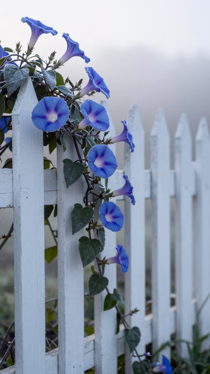 Morning Glory Vine on Picket Fence at Dawn in in Galicia