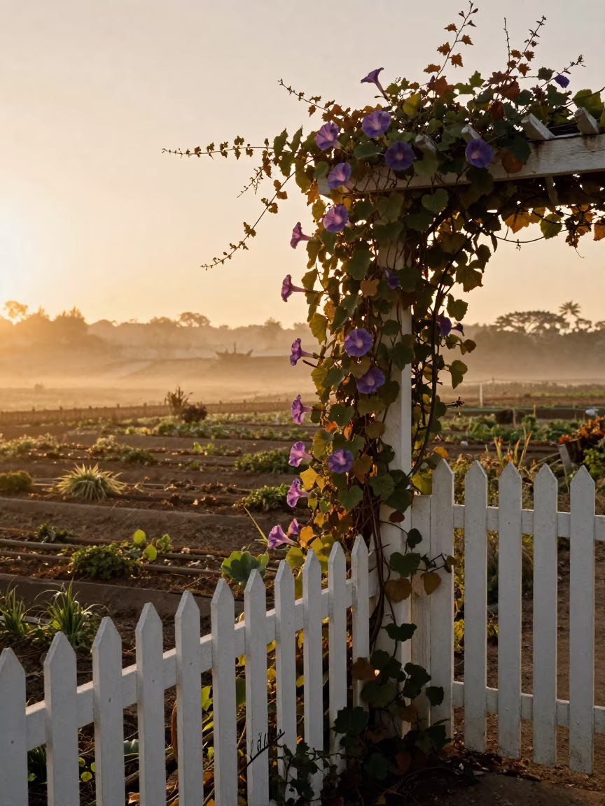 Morning Glory Vine on Picket Fence at Dawn in among terraced garden plots near San Luis