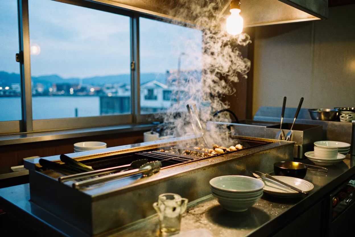 Morning Grill Fukuoka Harbor Café Kitchen in at a market stall counter in Fukuoka