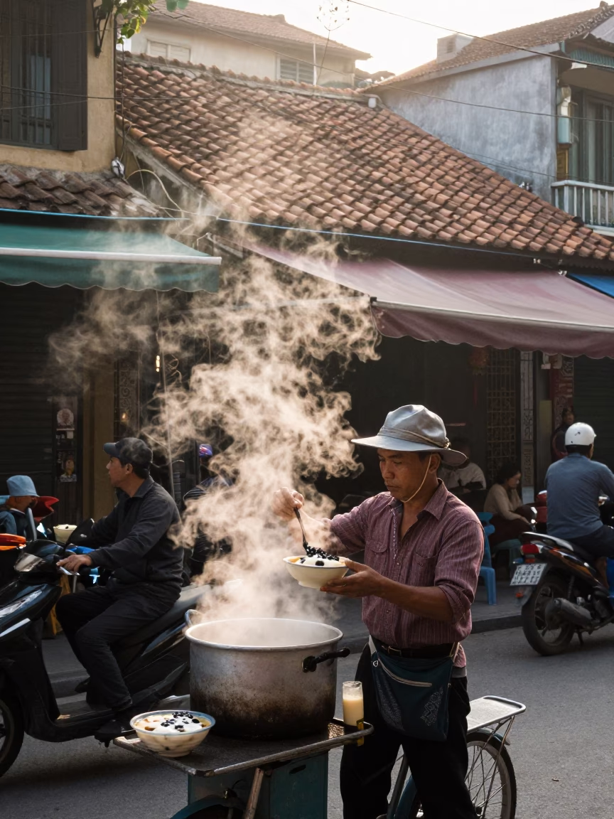 Morning Hanoi Street Scene with Taho Vendor and Condensation on Cup Rim at Sunrise in in Hanoi, Vietnam