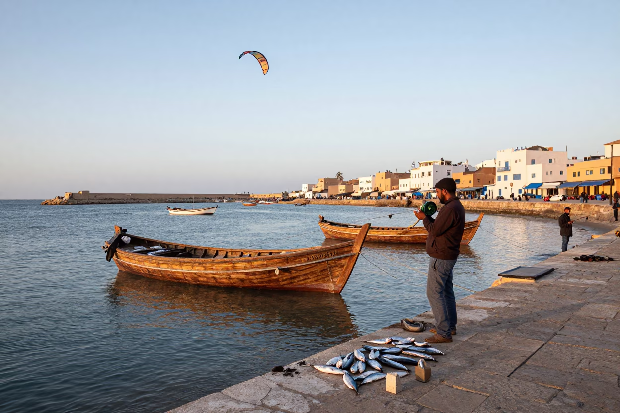 Morning Harbor Activity in Essaouira Morocco with Kite Reel and Fishing Gear in in Essaouira, Morocco