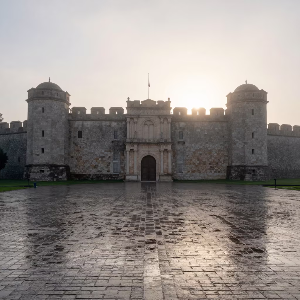 Morning Haze Over Archive Fortress Plaza in outside a wind-scoured fortress wall near Temperley