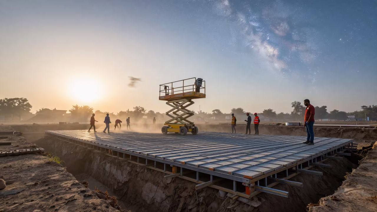 Morning Haze Over Formwork Deck and Milky Way in inside a taped-off excavation edge in Uttar Pradesh
