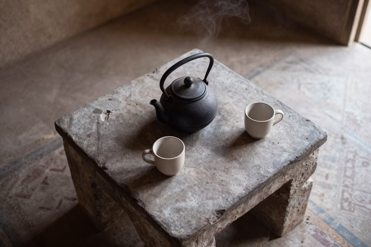 Morning Hearth Cast Iron Teapot Mogadishu in by a crackling fireplace in Mogadishu