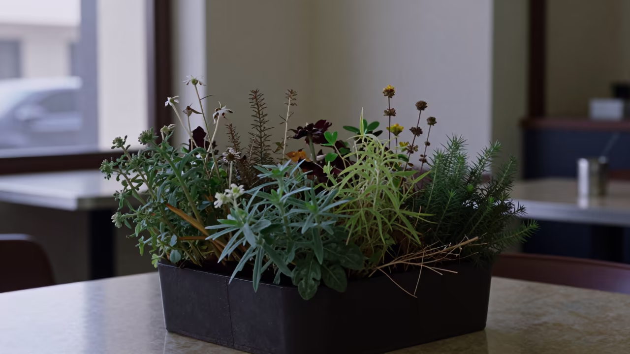 Morning Herb Garden on Cafe Table in on a cafe table by a window near Sanaa