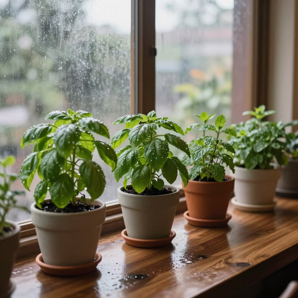 Morning Herb Garden on Cafe Windowsill in on a cafe table by a window in Thane