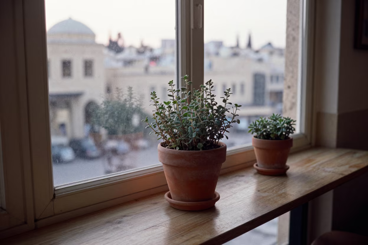 Morning Herb Garden on Damascus Cafe Table in on a cafe table by a window in Damascus