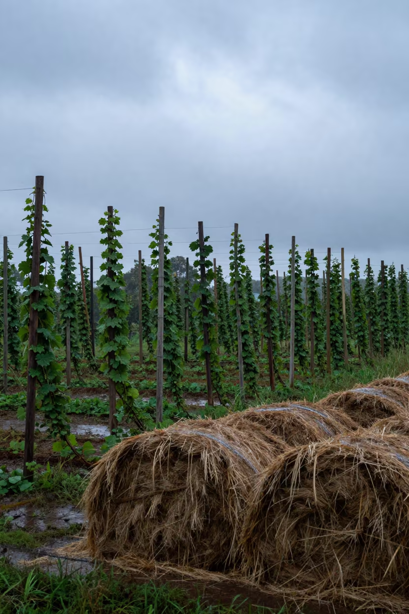 Morning Hop Yard with Hay Bales in Bahia Rainy Season in beside stacked hay bales in Bahia