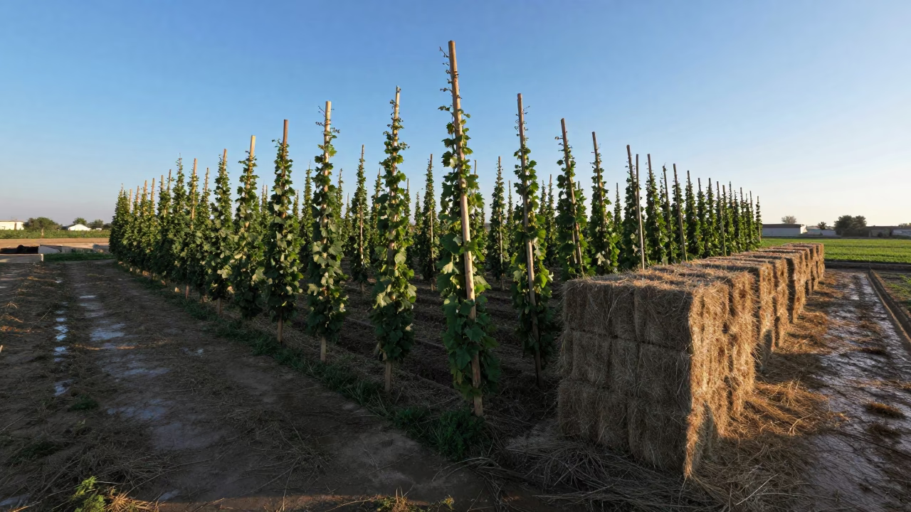 Morning Hop Yard Poles Over Baghdad Hay Bales in beside stacked hay bales near Baghdad