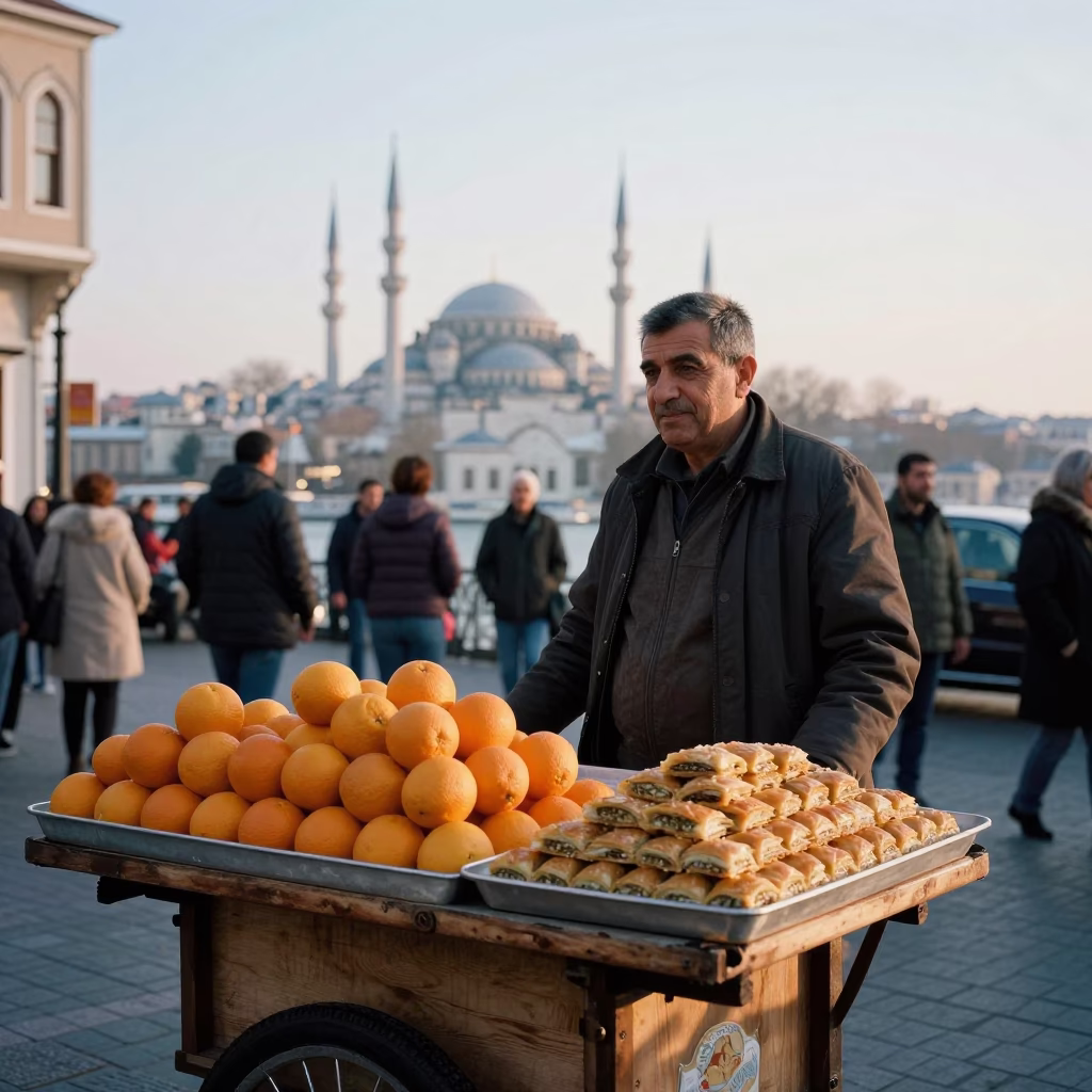 Morning Istanbul Street Scene with Oranges and Baklava at Nautical Dawn in in Istanbul, Turkey