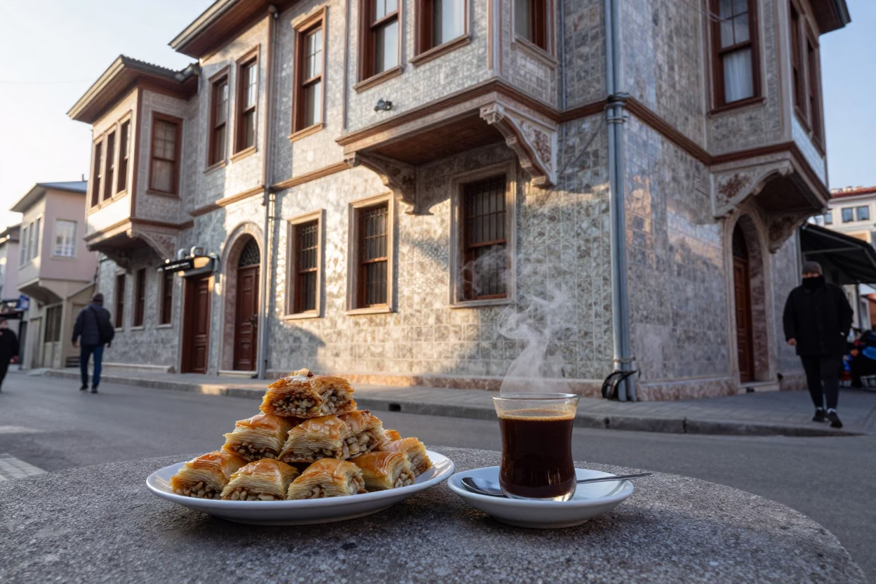Morning Istanbul Street Scene with Turkish Coffee and Baklava Near Historic Architecture in in Istanbul, Turkey