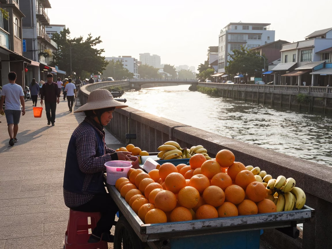 Morning Kaohsiung street scene with fruit vendor and canal lock gate in in Kaohsiung, Taiwan