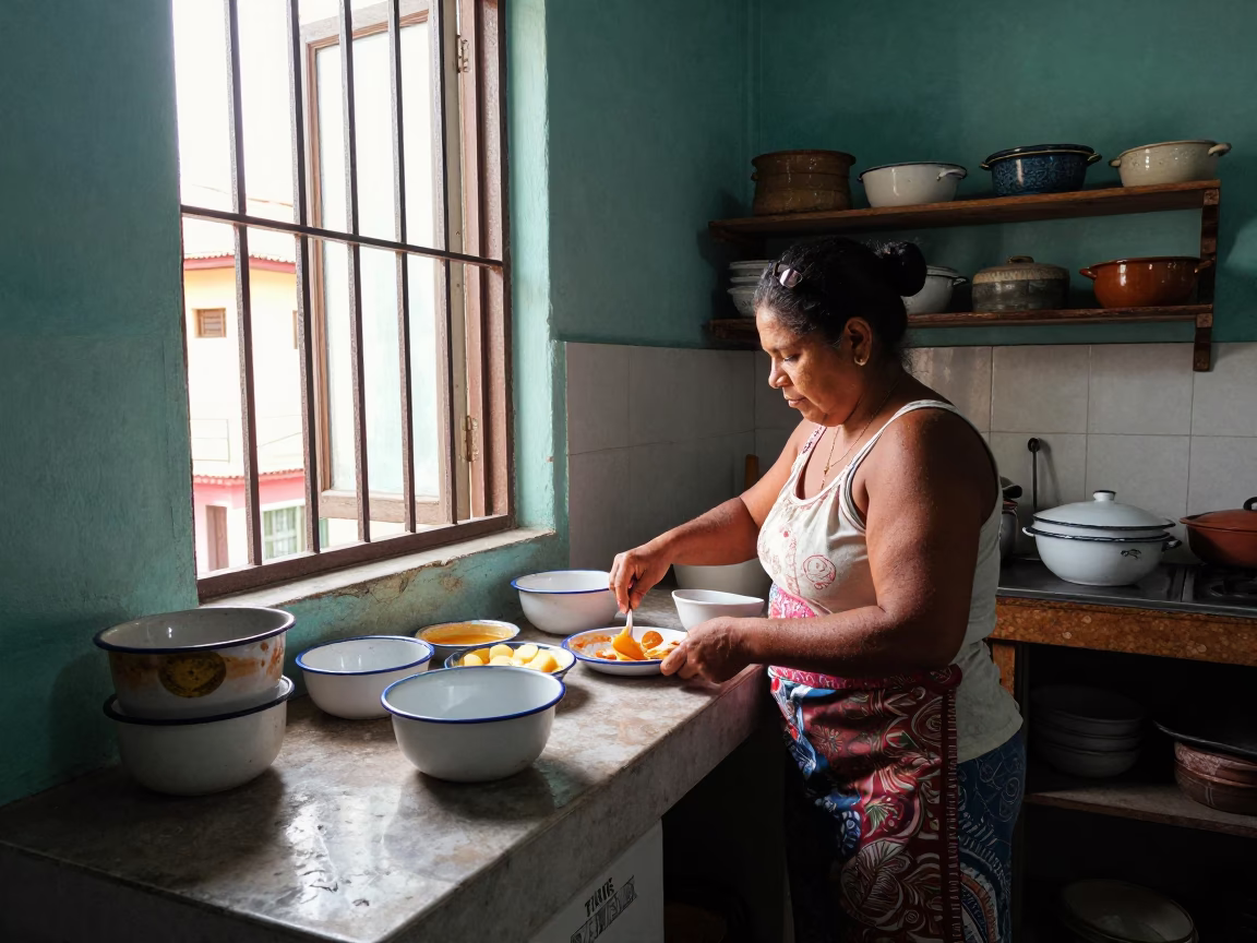 Morning Kitchen Activity in a Havana Apartment with Enamel Bowls in in Havana, Cuba