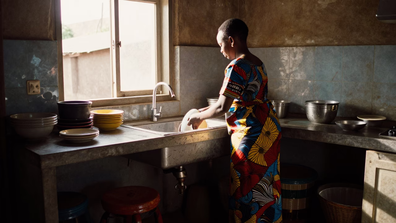Morning Kitchen Scene in Dakar Senegal with Stool and Sink in in Dakar, Senegal