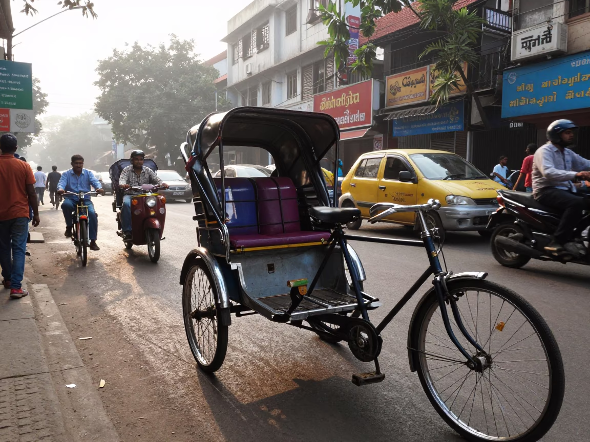 Morning Kolkata Street Scene with Bicycle Taxi Canisters and Busy Commuters in in Kolkata, India
