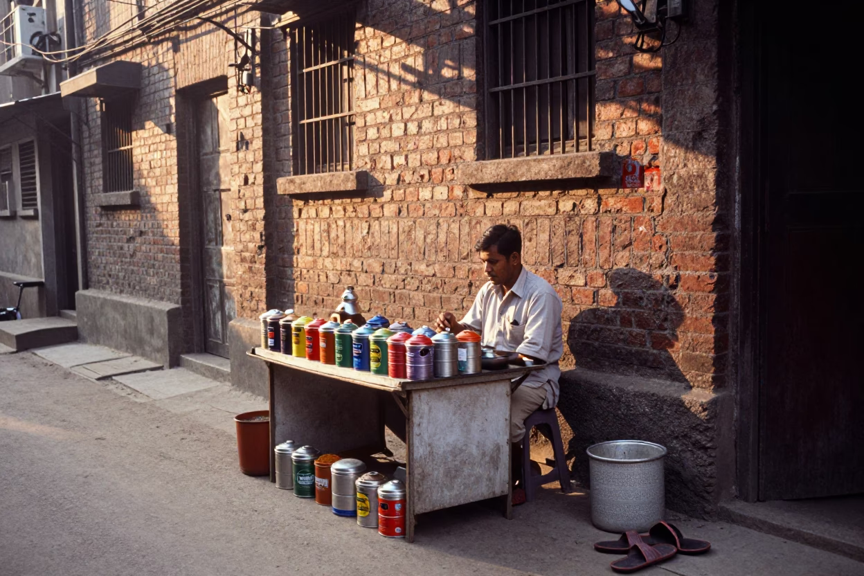 Morning Kolkata Street Scene with Spice Tins and Slippers at Sunrise in in Kolkata, India